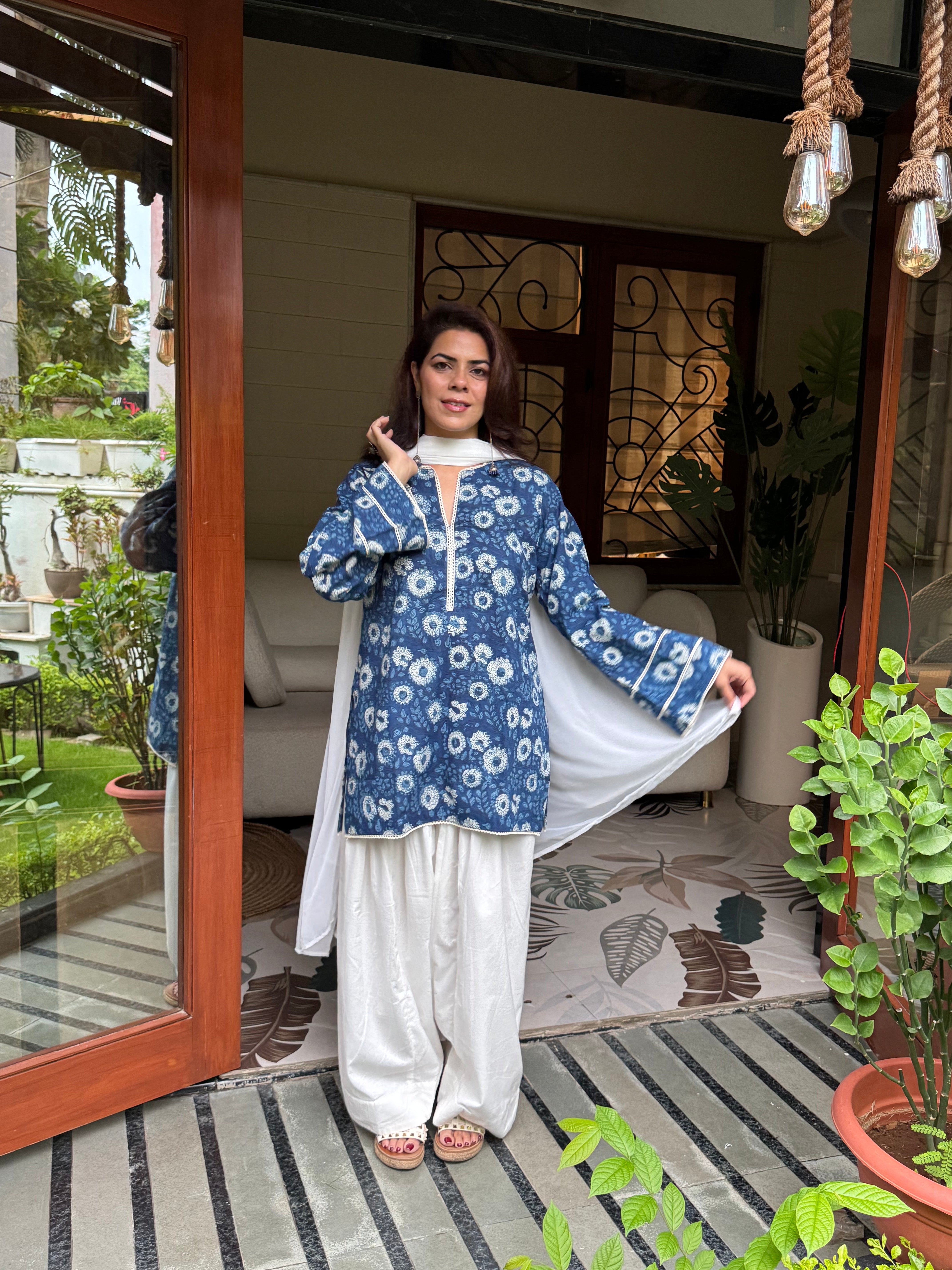 (Pre-order) Indigo Printed Cotton Kurta, Farshi Salwar & Dupatta Set