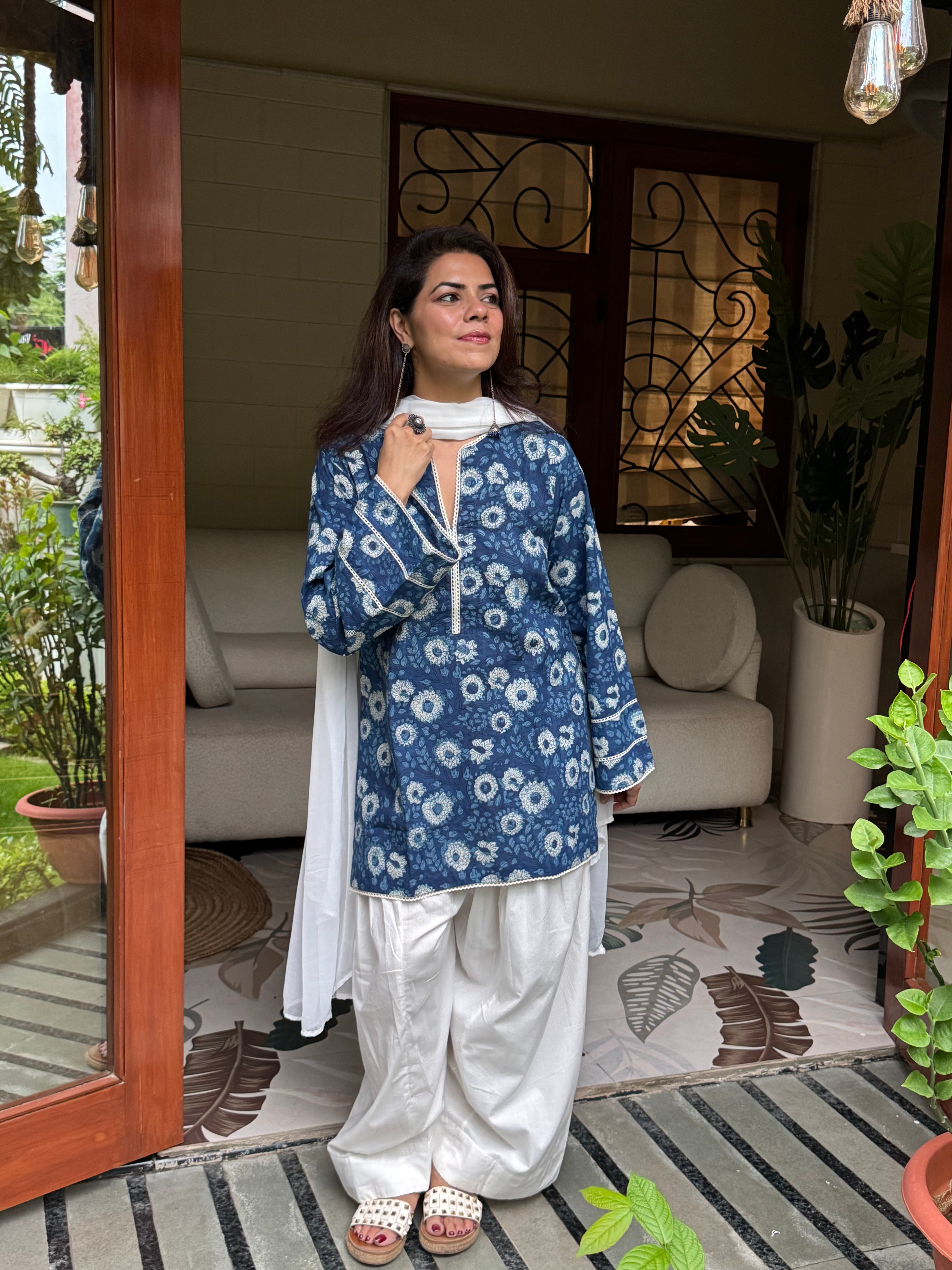(Pre-order) Indigo Printed Cotton Kurta, Farshi Salwar & Dupatta Set