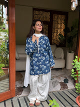 (Pre-order) Indigo Printed Cotton Kurta, Farshi Salwar & Dupatta Set