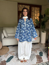 (Pre-order) Indigo Printed Cotton Kurta, Farshi Salwar & Dupatta Set