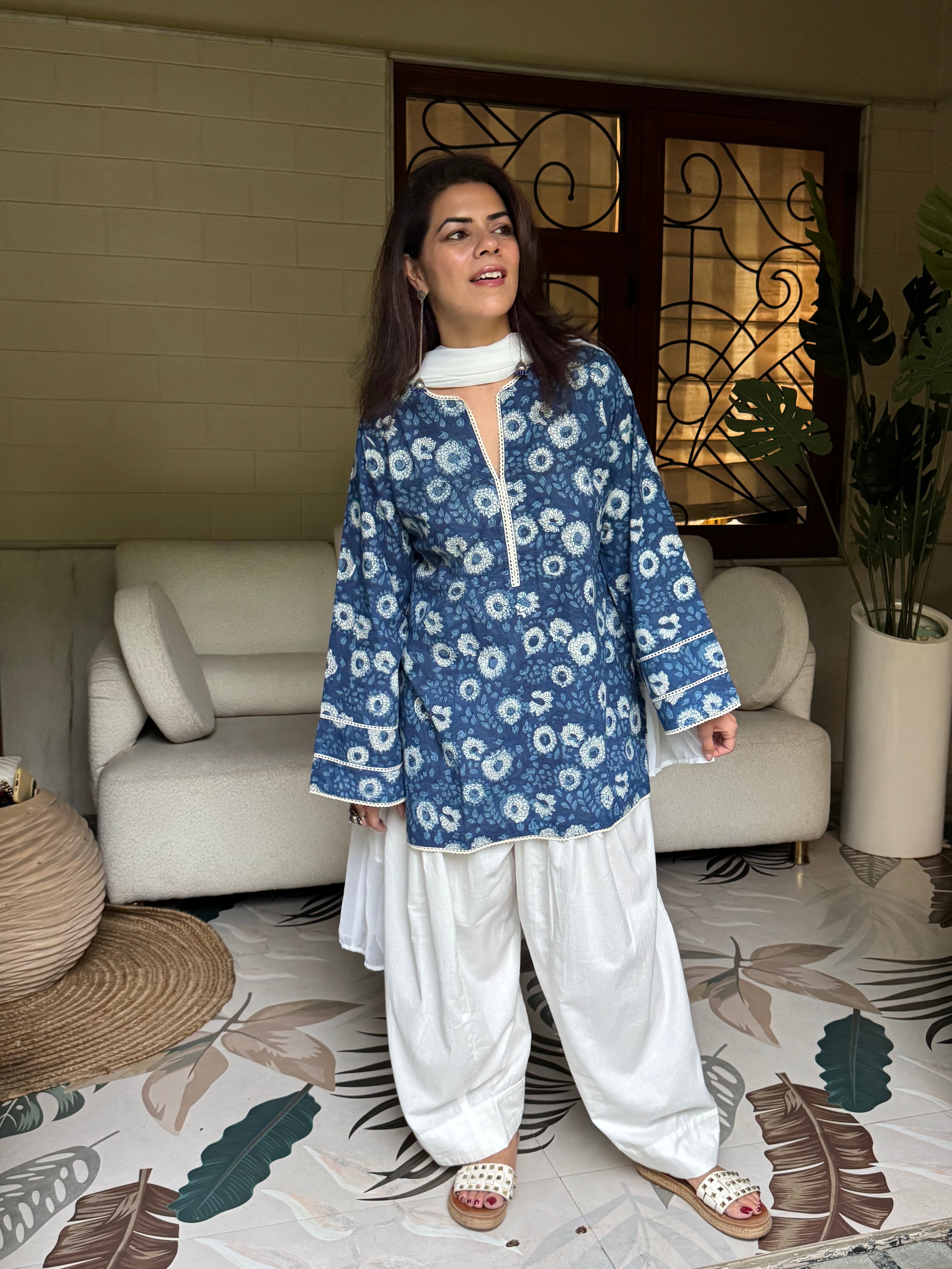 (Pre-order) Indigo Printed Cotton Kurta, Farshi Salwar & Dupatta Set