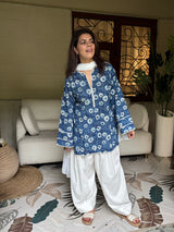 (Pre-order) Indigo Printed Cotton Kurta, Farshi Salwar & Dupatta Set