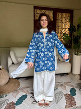 (Pre-order) Indigo Printed Cotton Kurta, Farshi Salwar & Dupatta Set