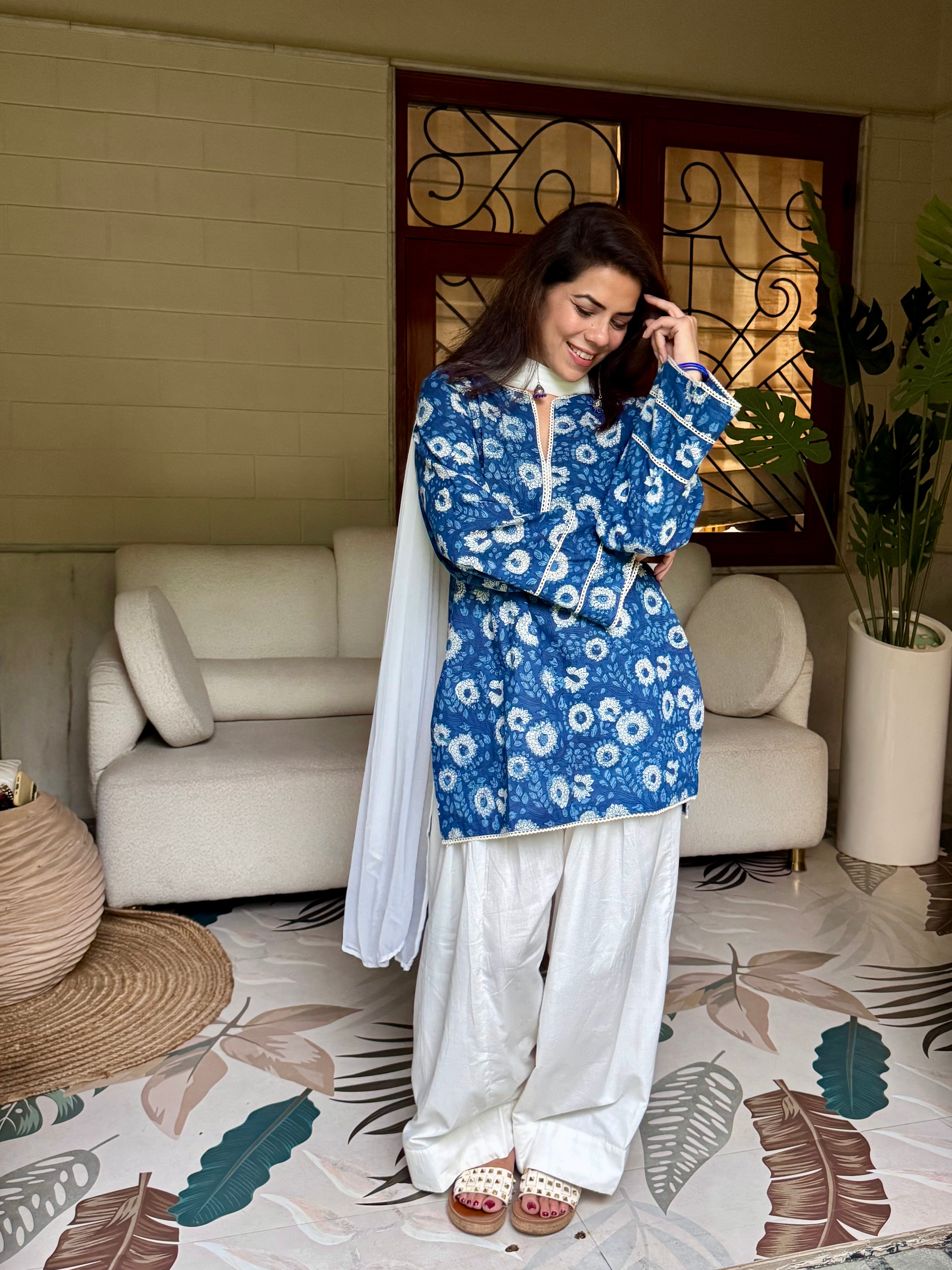 (Pre-order) Indigo Printed Cotton Kurta, Farshi Salwar & Dupatta Set