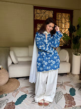 (Pre-order) Indigo Printed Cotton Kurta, Farshi Salwar & Dupatta Set