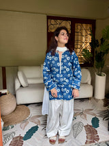 (Pre-order) Indigo Printed Cotton Kurta, Farshi Salwar & Dupatta Set