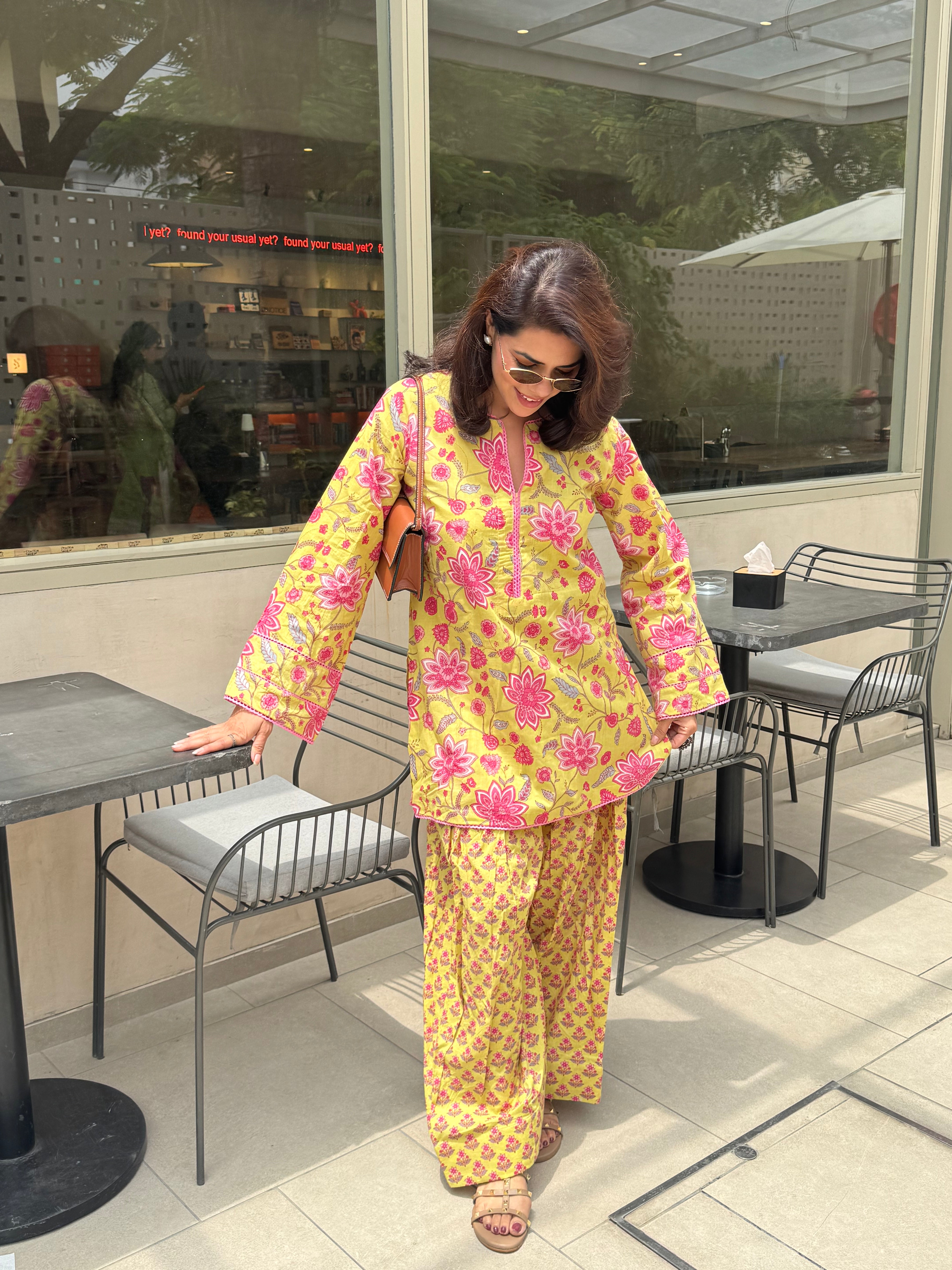 (Pre-order) Lemon Yellow Printed Cotton Kurta & Farshi Salwar