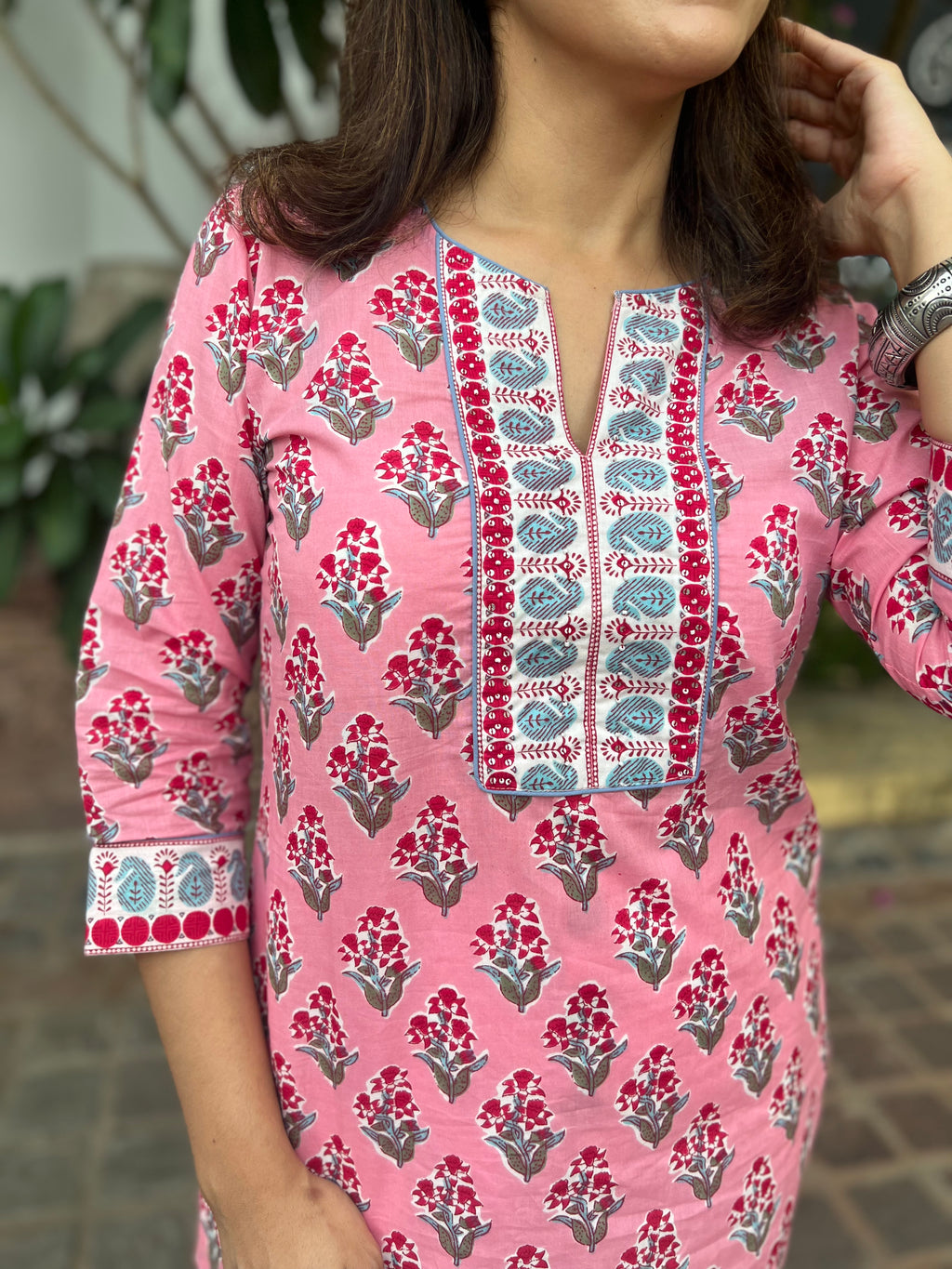 Pink Printed Sequinned Pure Cotton Kurti