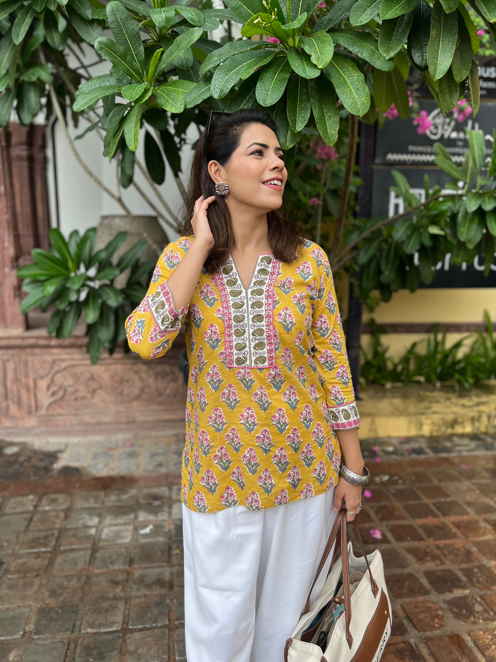 Yellow Printed Sequinned Pure Cotton Kurti