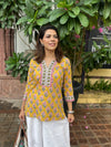 Yellow Printed Sequinned Pure Cotton Kurti