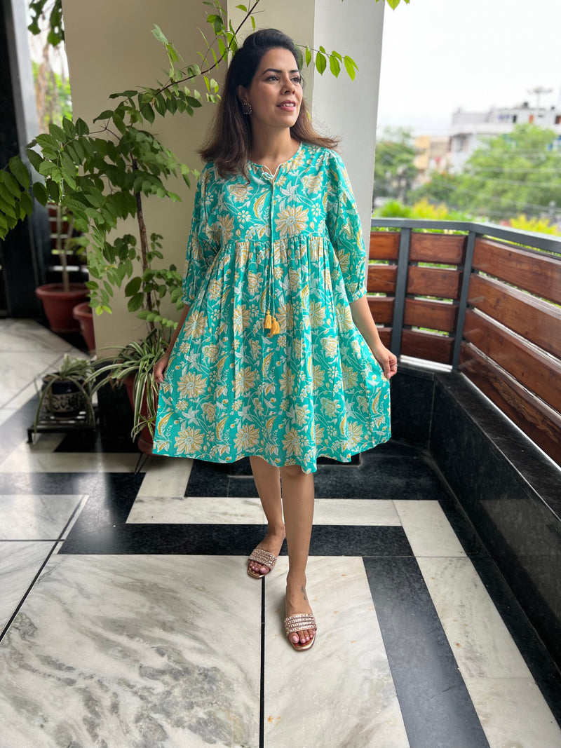 Turquoise Printed Cotton Dress
