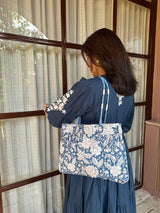 Blue Floral Shoulder Bag with Zip