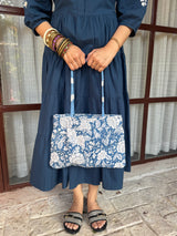 Blue Floral Shoulder Bag with Zip