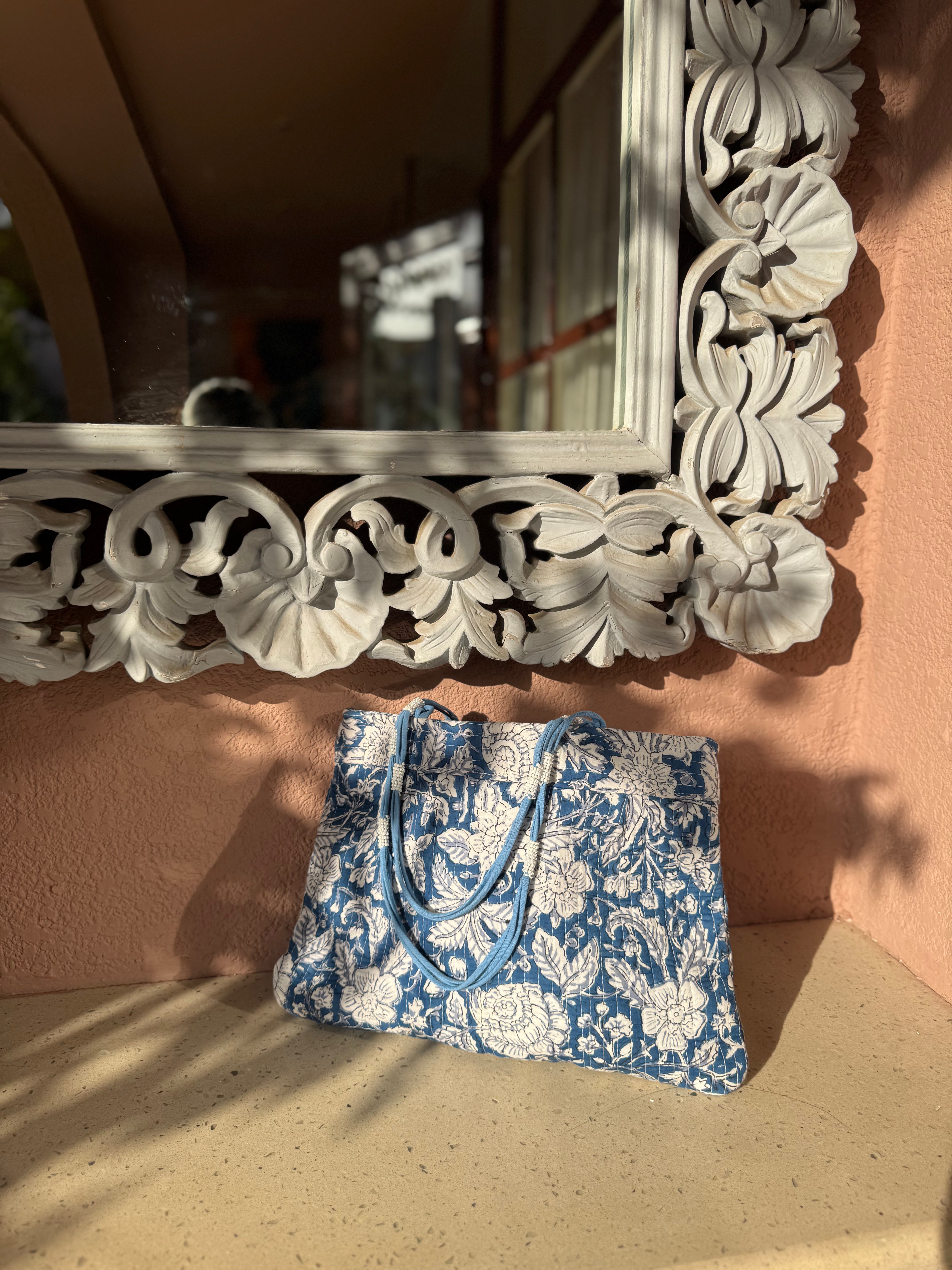 Blue Floral Shoulder Bag with Zip