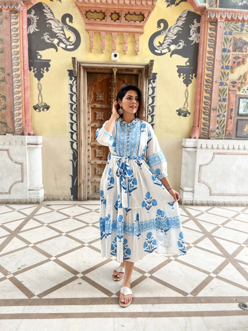 White Mughal Printed Tier Cotton Dress
