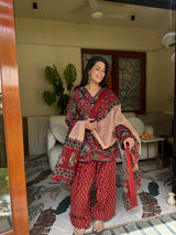Maroon Paisley Printed Cotton Kurta, Farshi Salwar & Dupatta Set