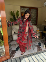 Maroon Paisley Printed Cotton Kurta, Farshi Salwar & Dupatta Set