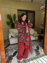 Maroon Paisley Printed Cotton Kurta, Farshi Salwar & Dupatta Set