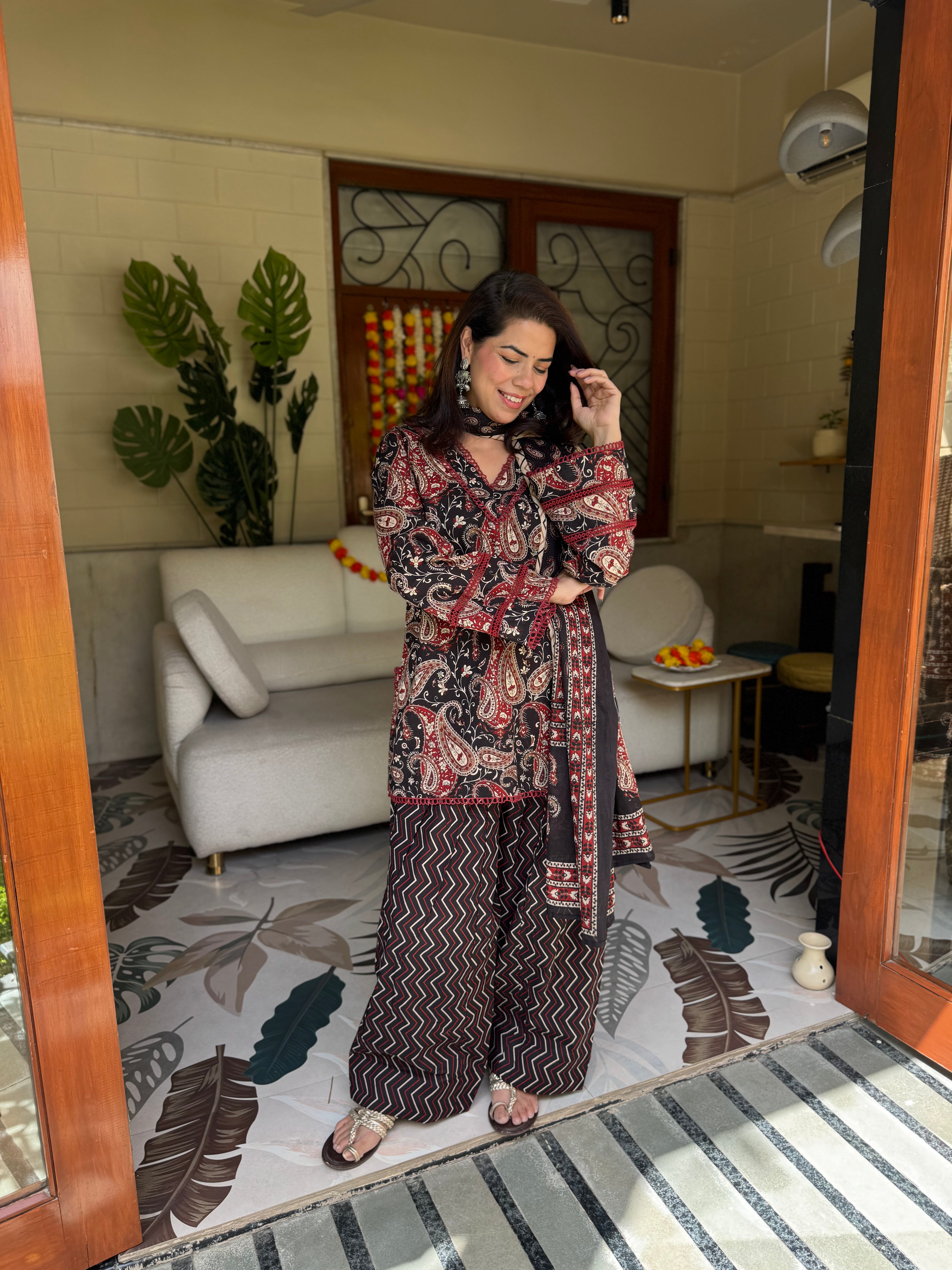 Black Paisley Printed Cotton Kurta, Farshi Salwar & Dupatta Set