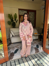 Cream Printed Cotton Kurta, Farshi Salwar & Dupatta Set
