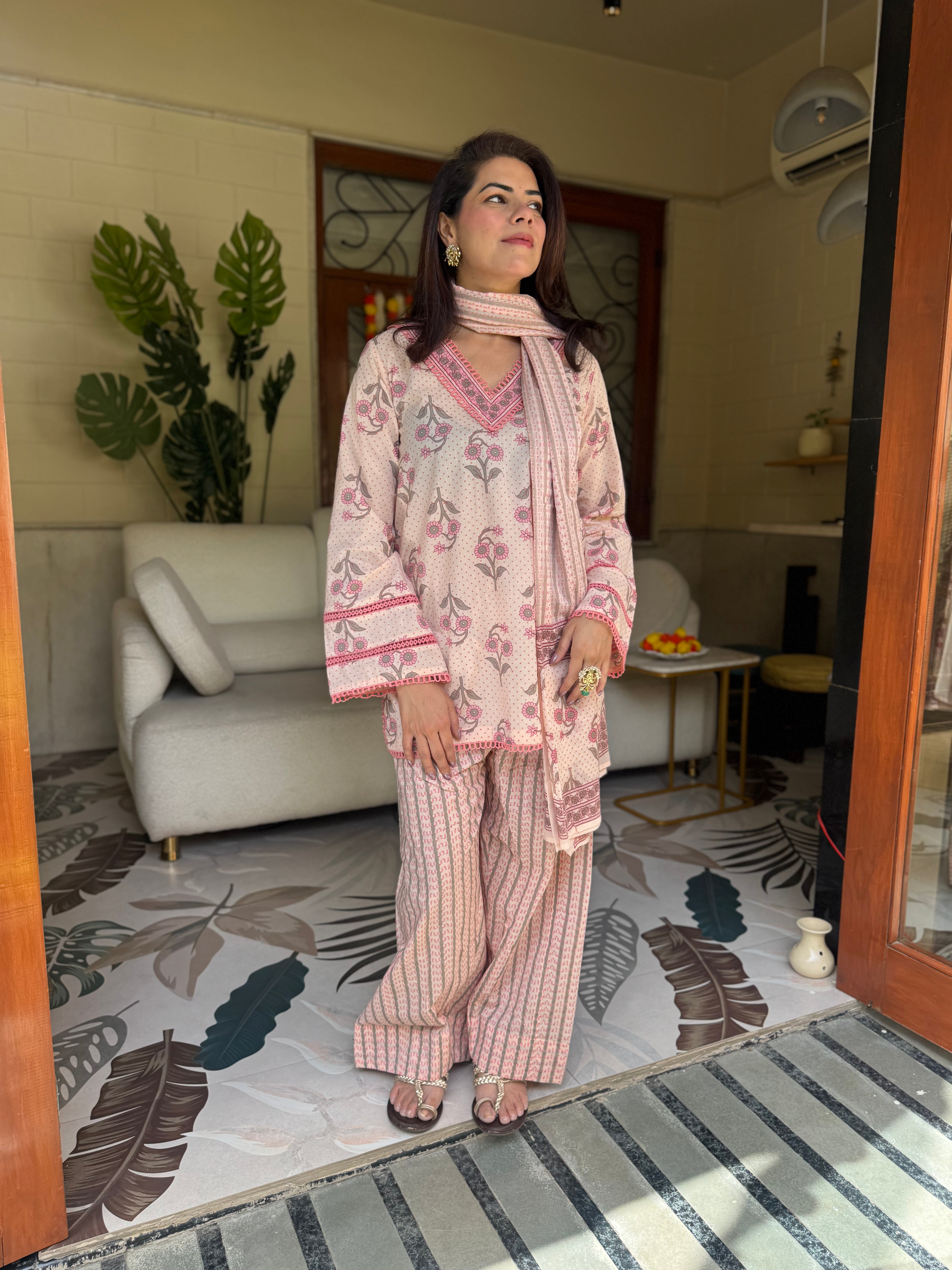Cream Printed Cotton Kurta, Farshi Salwar & Dupatta Set