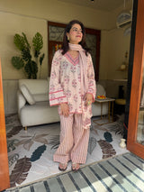 Cream Printed Cotton Kurta, Farshi Salwar & Dupatta Set