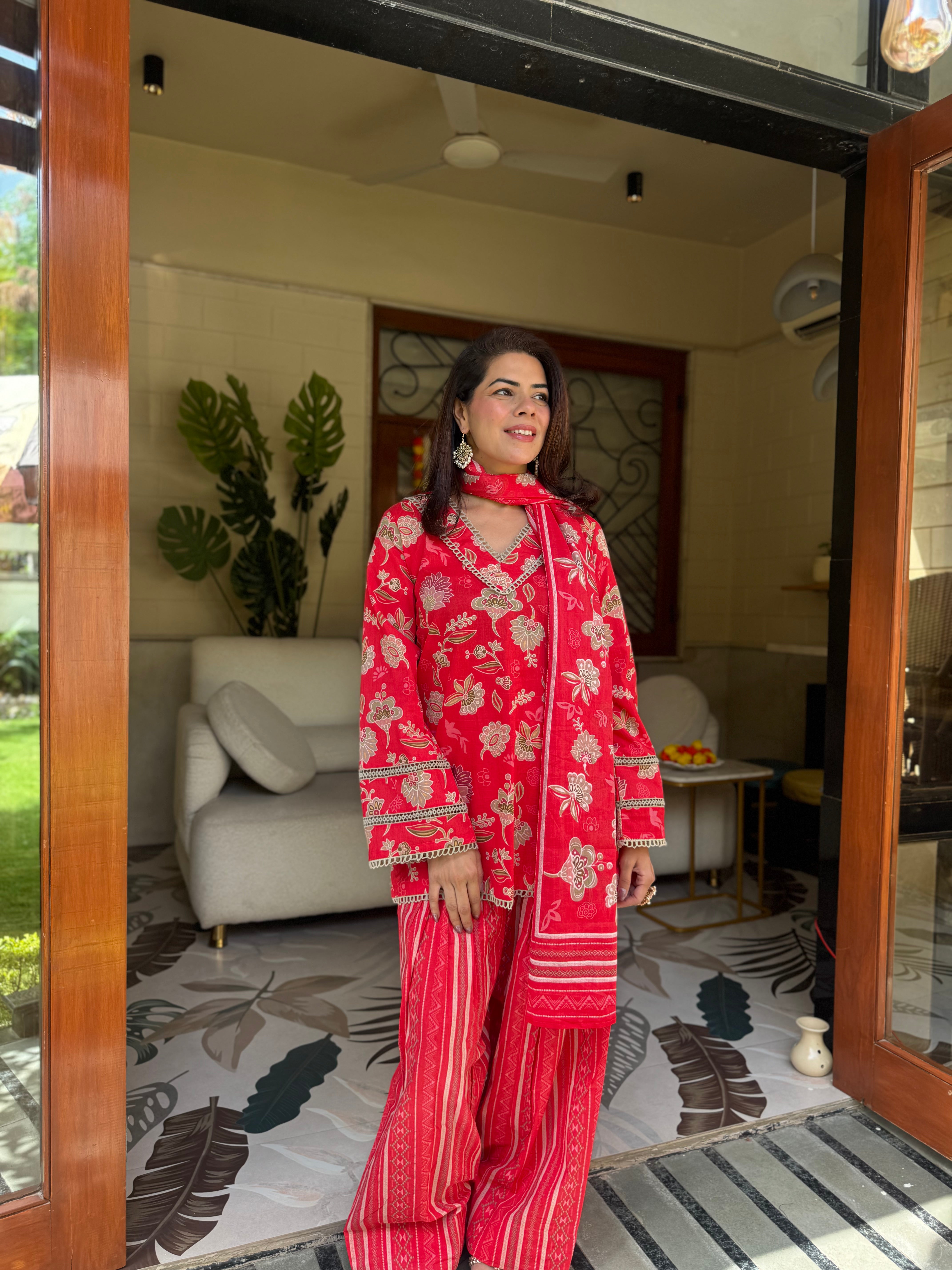 Red Printed Cotton Kurta, Farshi Salwar & Dupatta Set