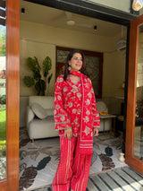 Red Printed Cotton Kurta, Farshi Salwar & Dupatta Set