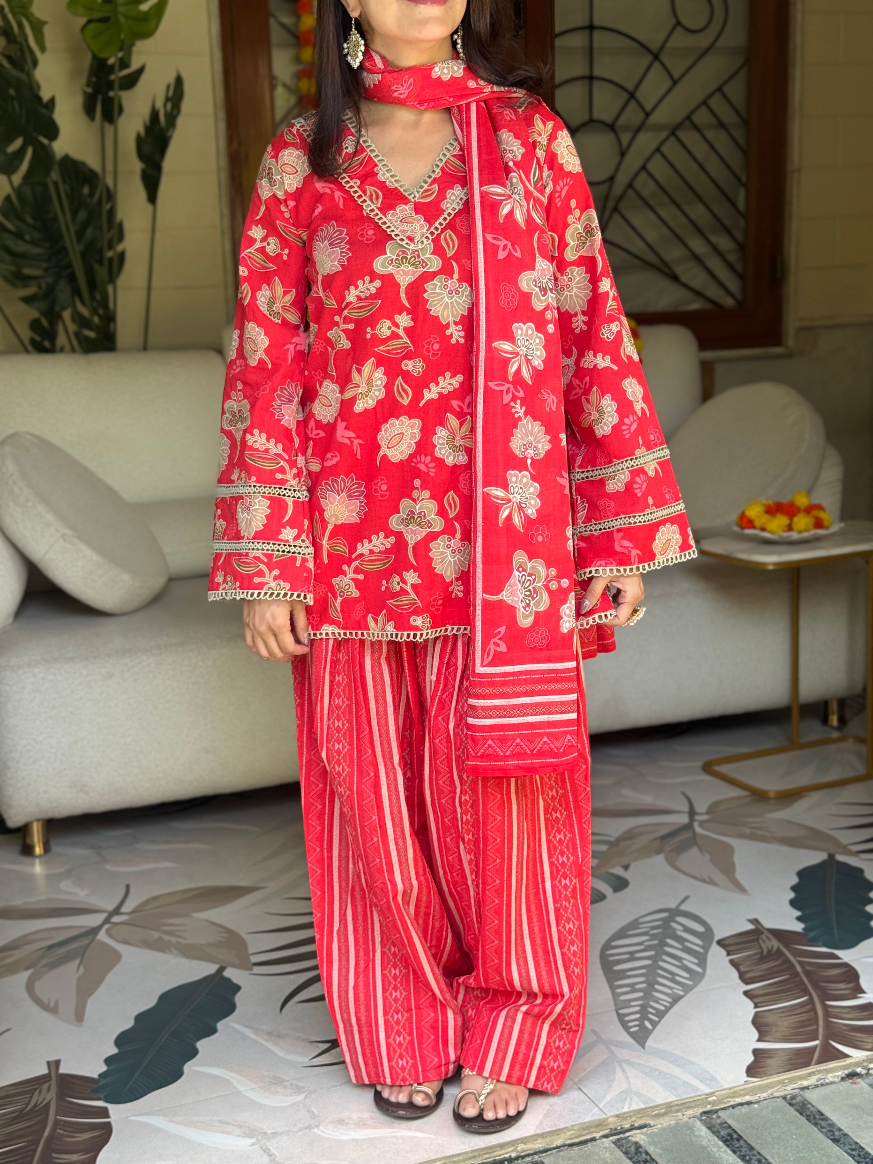 Red Printed Cotton Kurta, Farshi Salwar & Dupatta Set