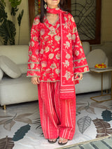 Red Printed Cotton Kurta, Farshi Salwar & Dupatta Set