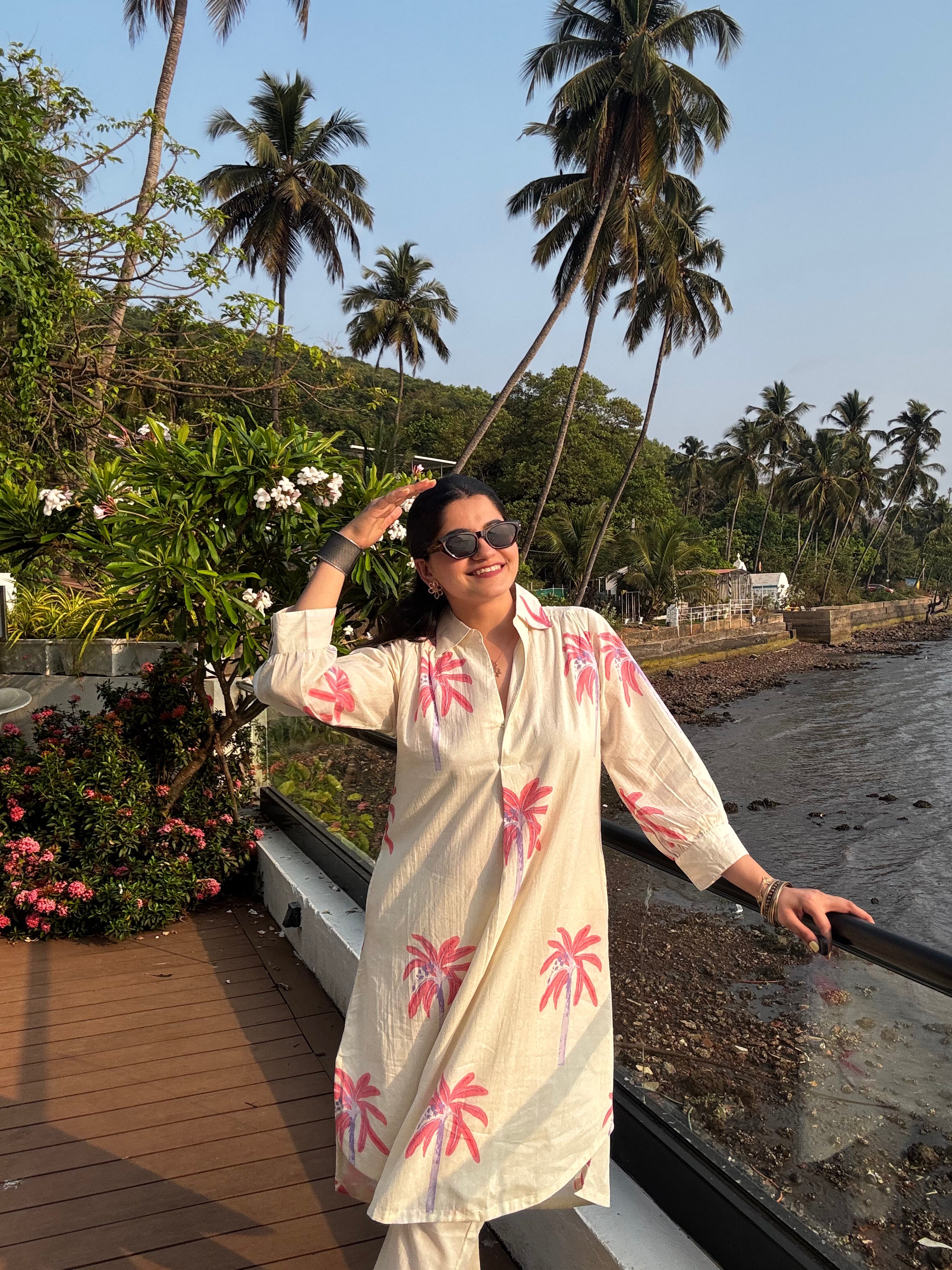 White Palm Printed Cotton Co-Ord Set