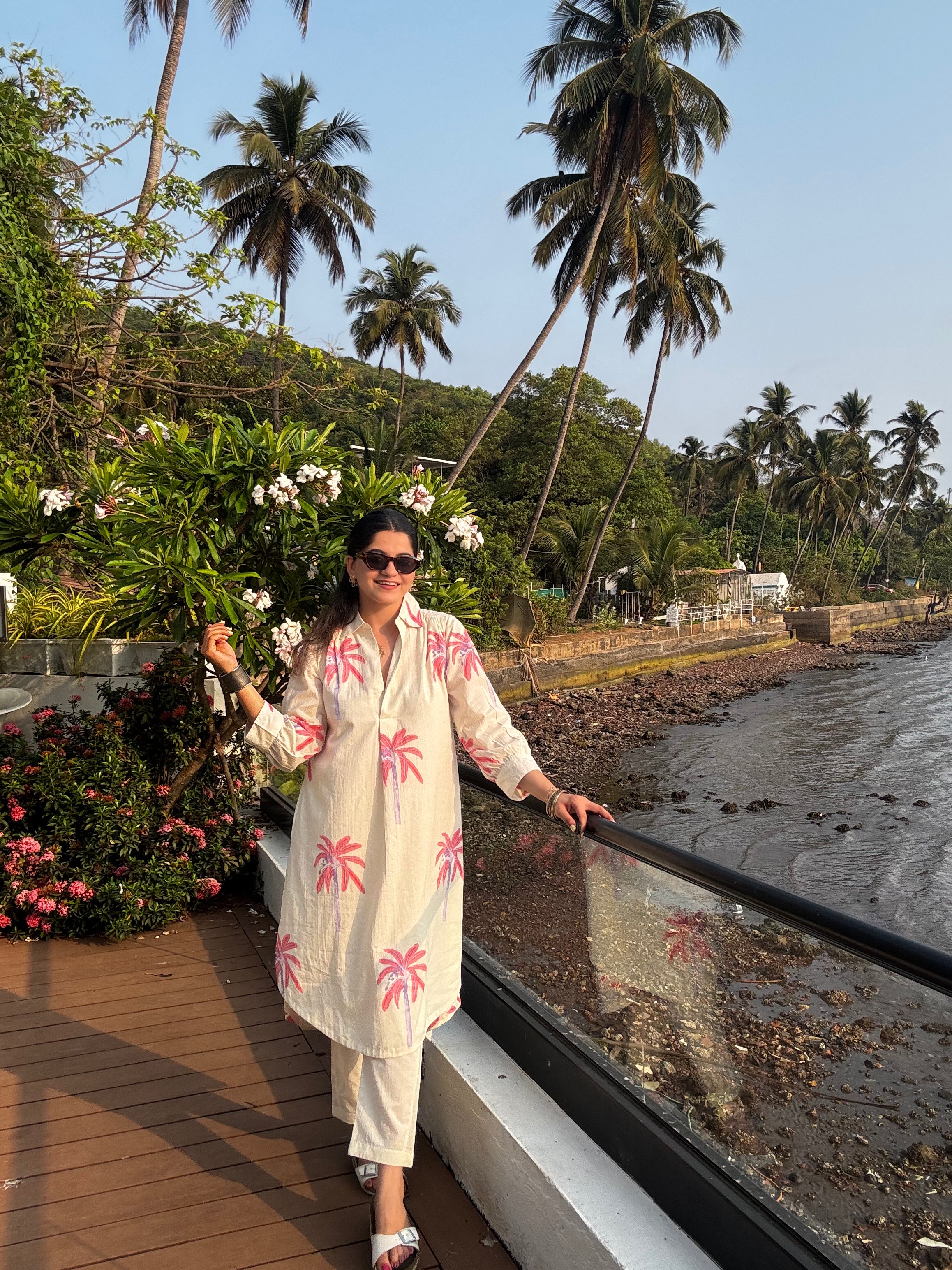 White Palm Printed Cotton Co-Ord Set