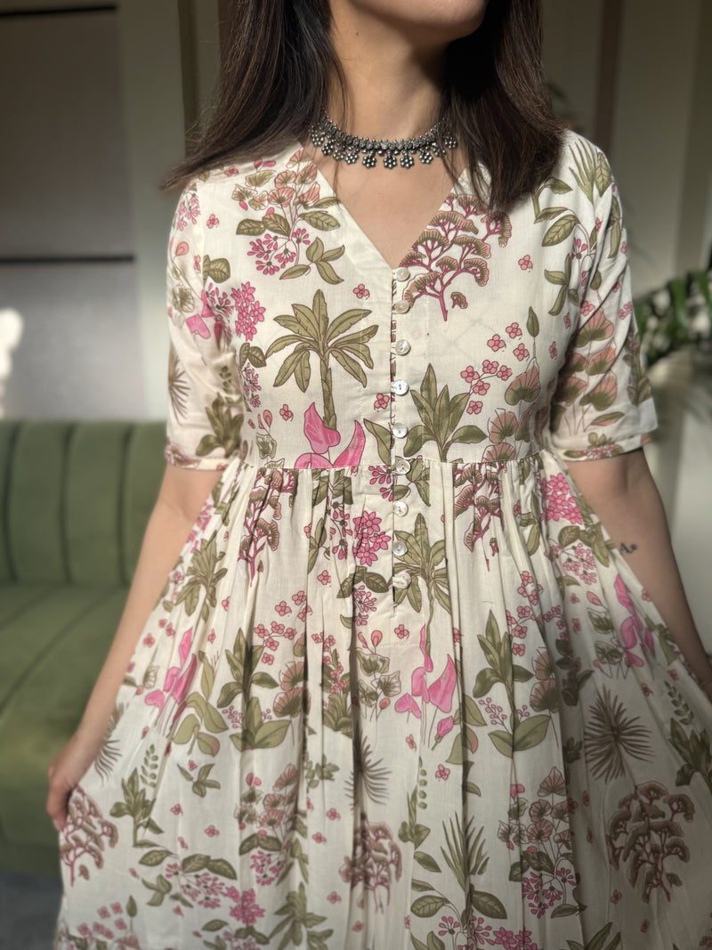 Cream Printed Cotton Dress