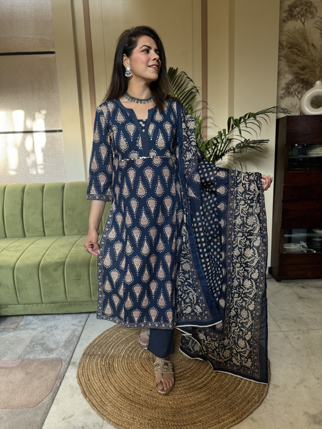 Blue printed Sequinned Pure Cotton Kurta with Trousers & Dupatta