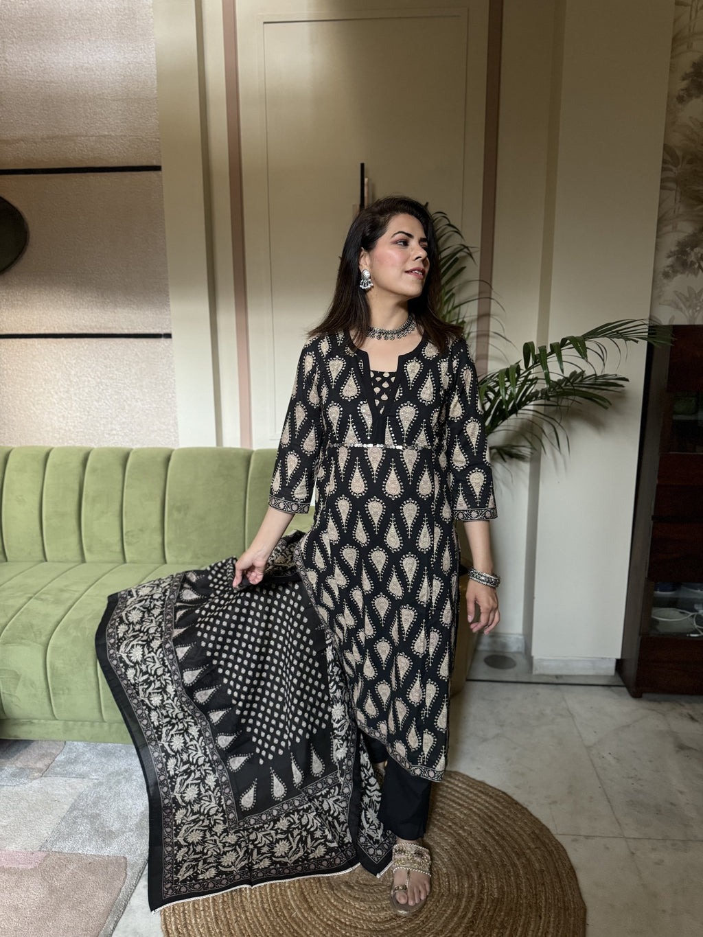 Black printed Sequinned Pure Cotton Kurta with Trousers & Dupatta