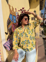 Yellow Handblock Printed Lose Fit Cotton Shirt