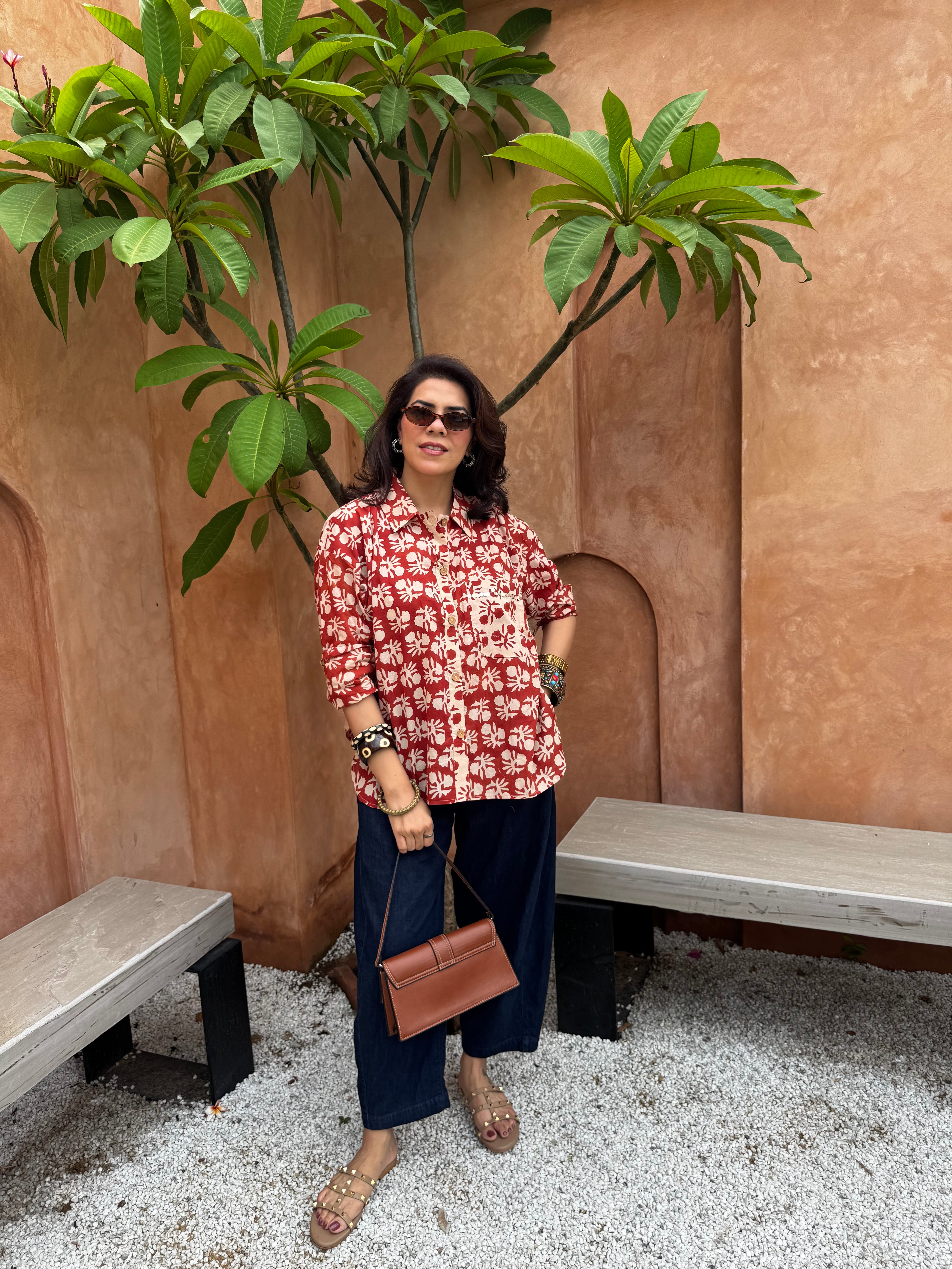 Maroon Bagru Printed Handblock Cotton Shirt