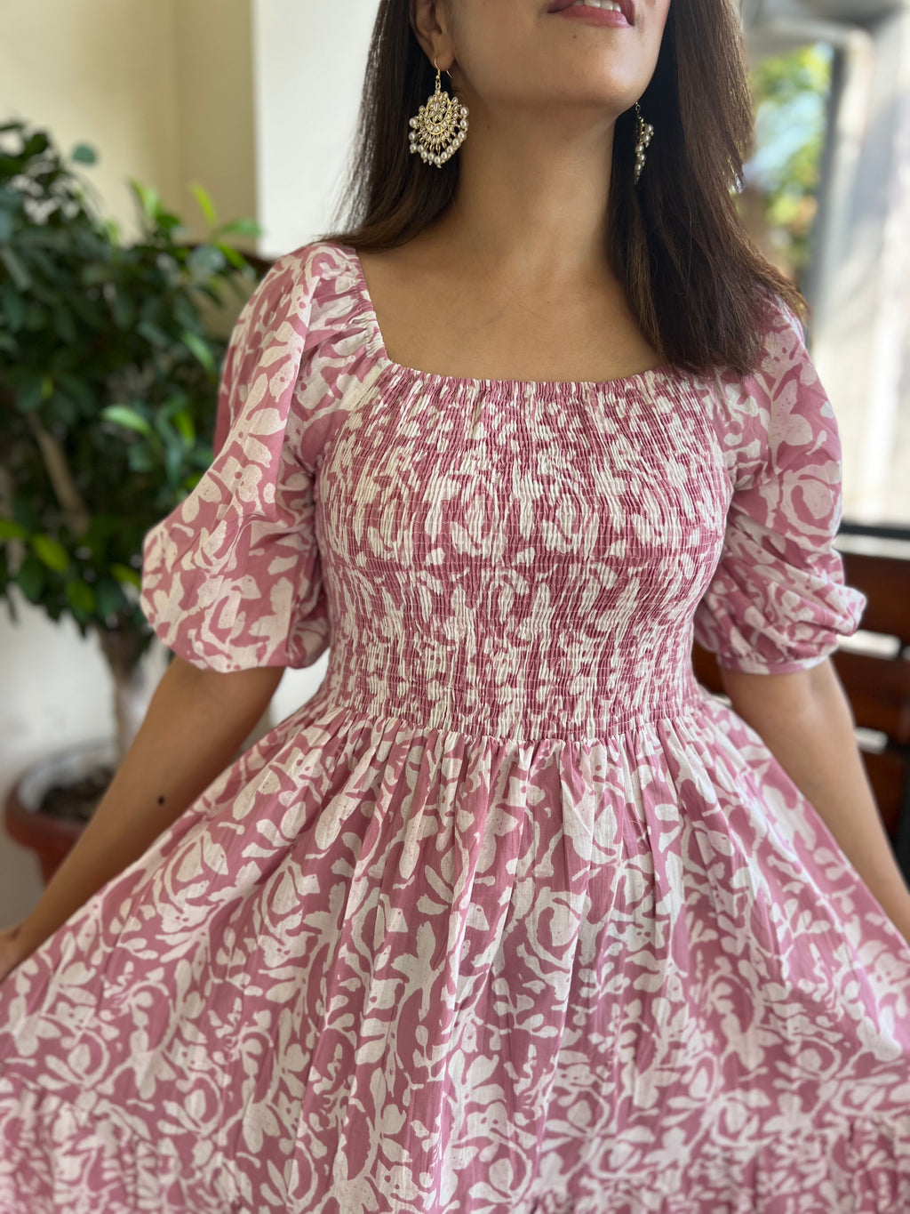 Pink Smocking Printed Dress