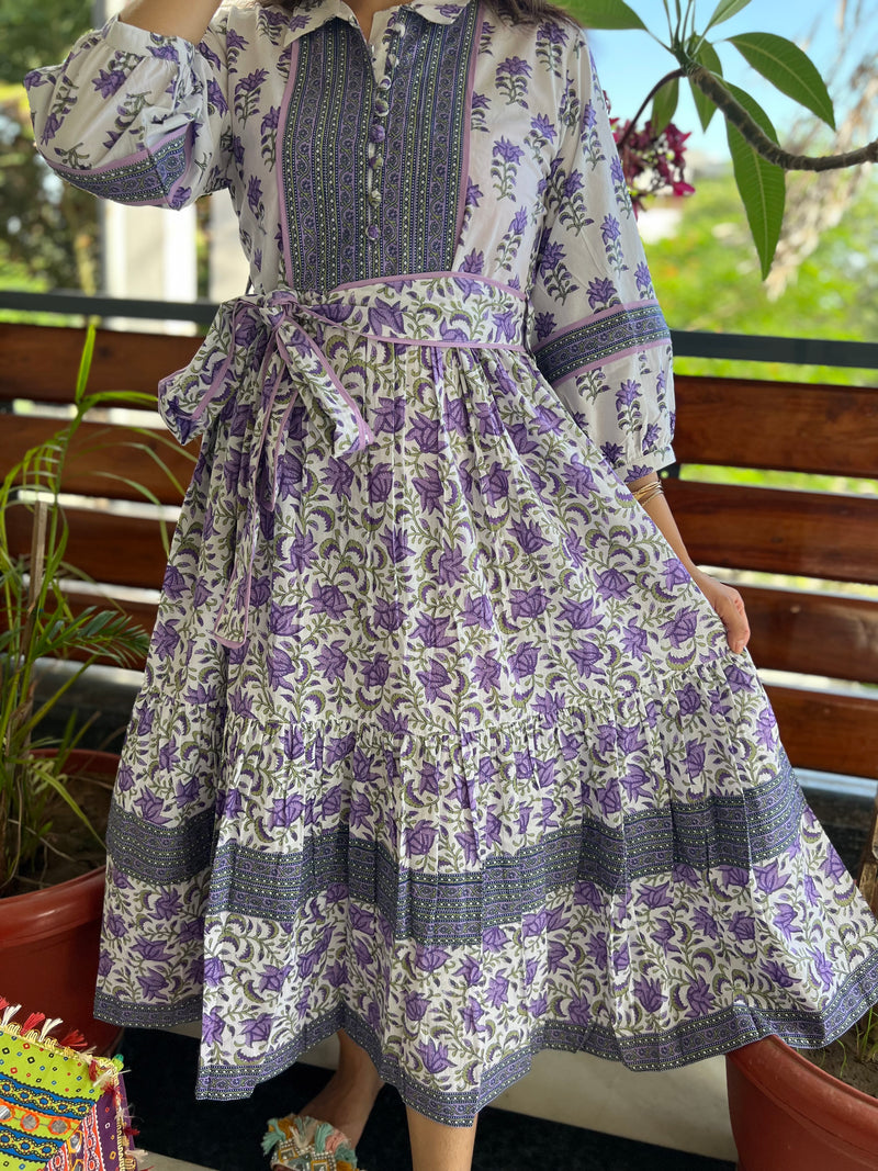White and Purple printed tier dress