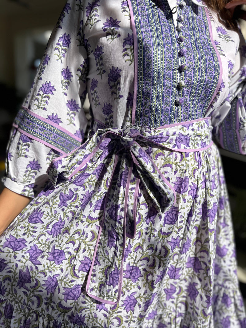 White and Purple printed tier dress