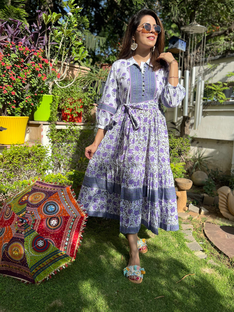 White and Purple printed tier dress