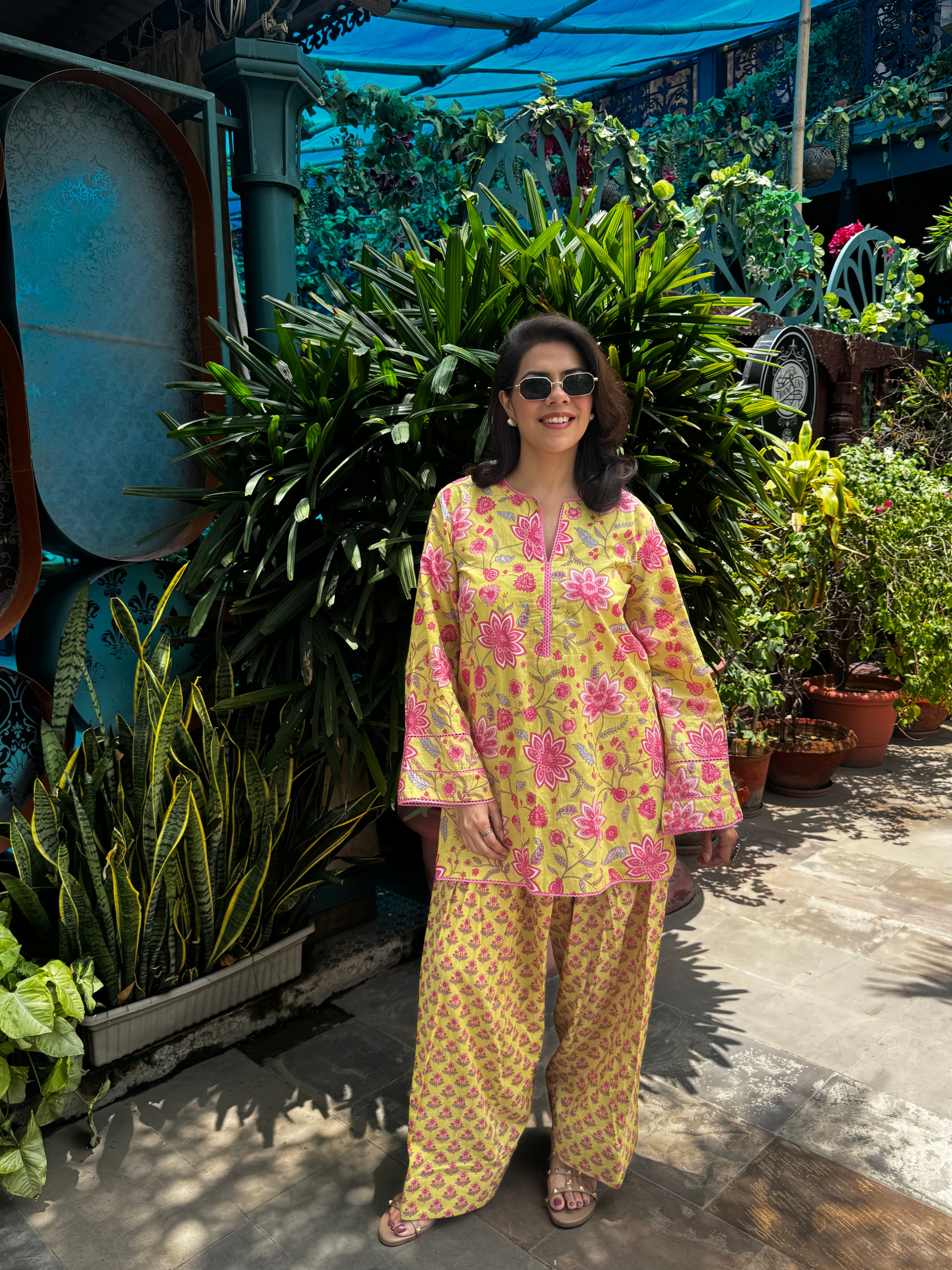 (Pre-order) Lemon Yellow Printed Cotton Kurta & Farshi Salwar