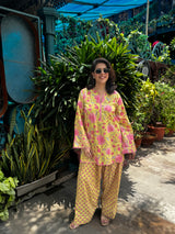(Pre-order) Lemon Yellow Printed Cotton Kurta & Farshi Salwar