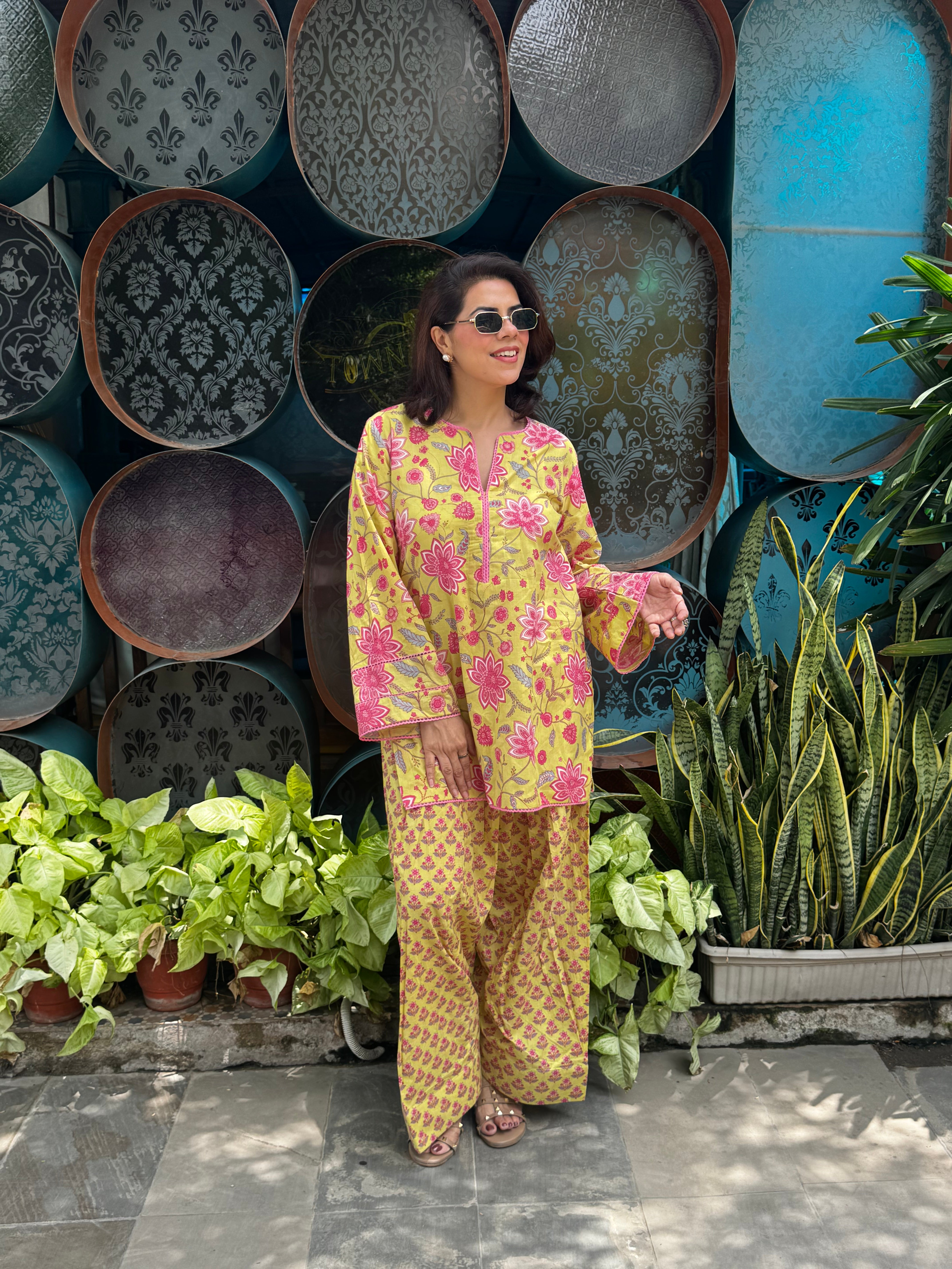 (Pre-order) Lemon Yellow Printed Cotton Kurta & Farshi Salwar