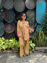 (Pre-order) Lemon Yellow Printed Cotton Kurta & Farshi Salwar