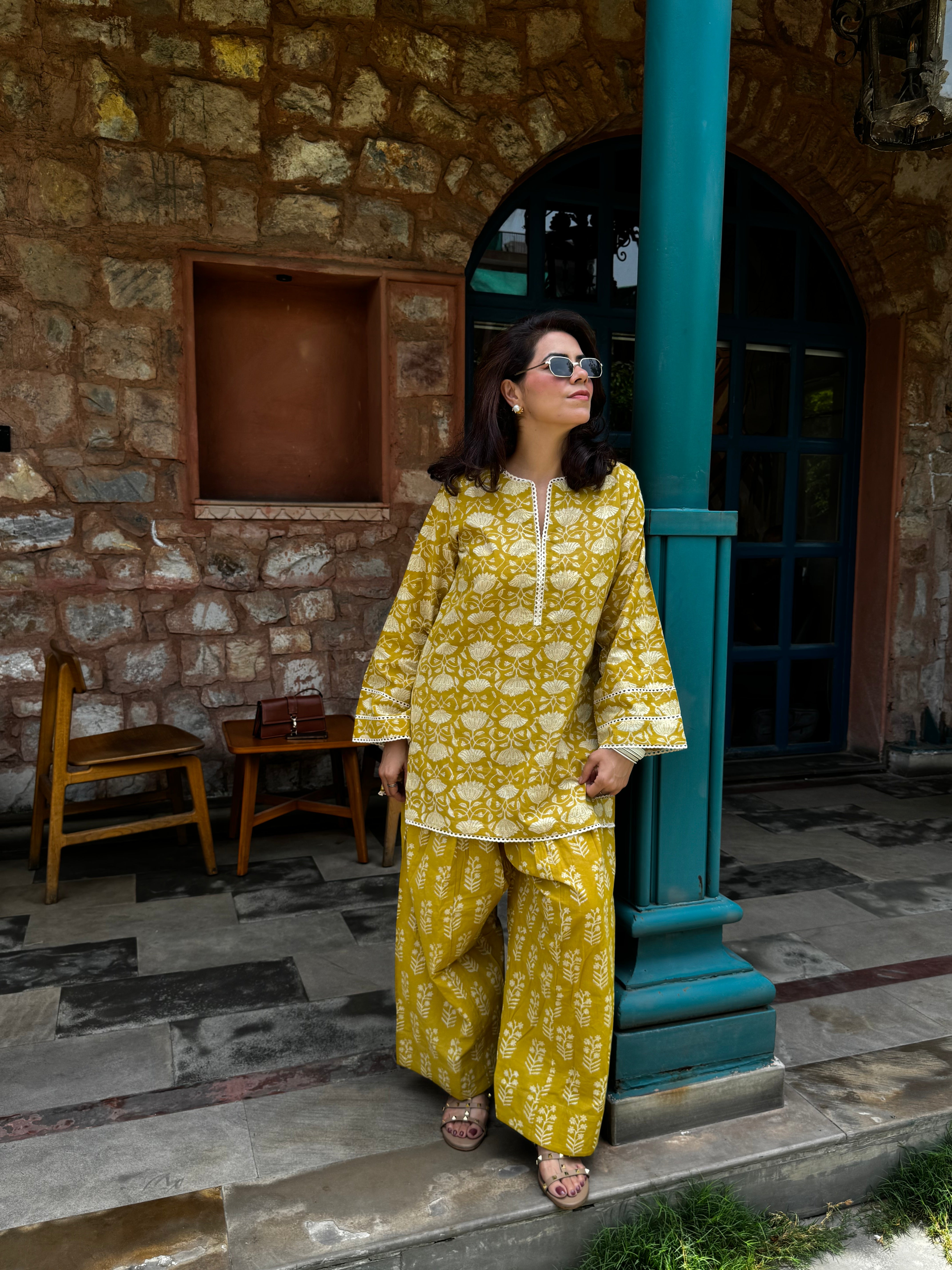(Pre-Order) Mustard Pure Cotton Hand Block Printed Farshi Kurta Set