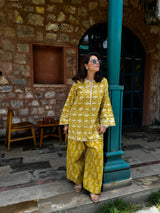 (Pre-Order) Mustard Pure Cotton Hand Block Printed Farshi Kurta Set