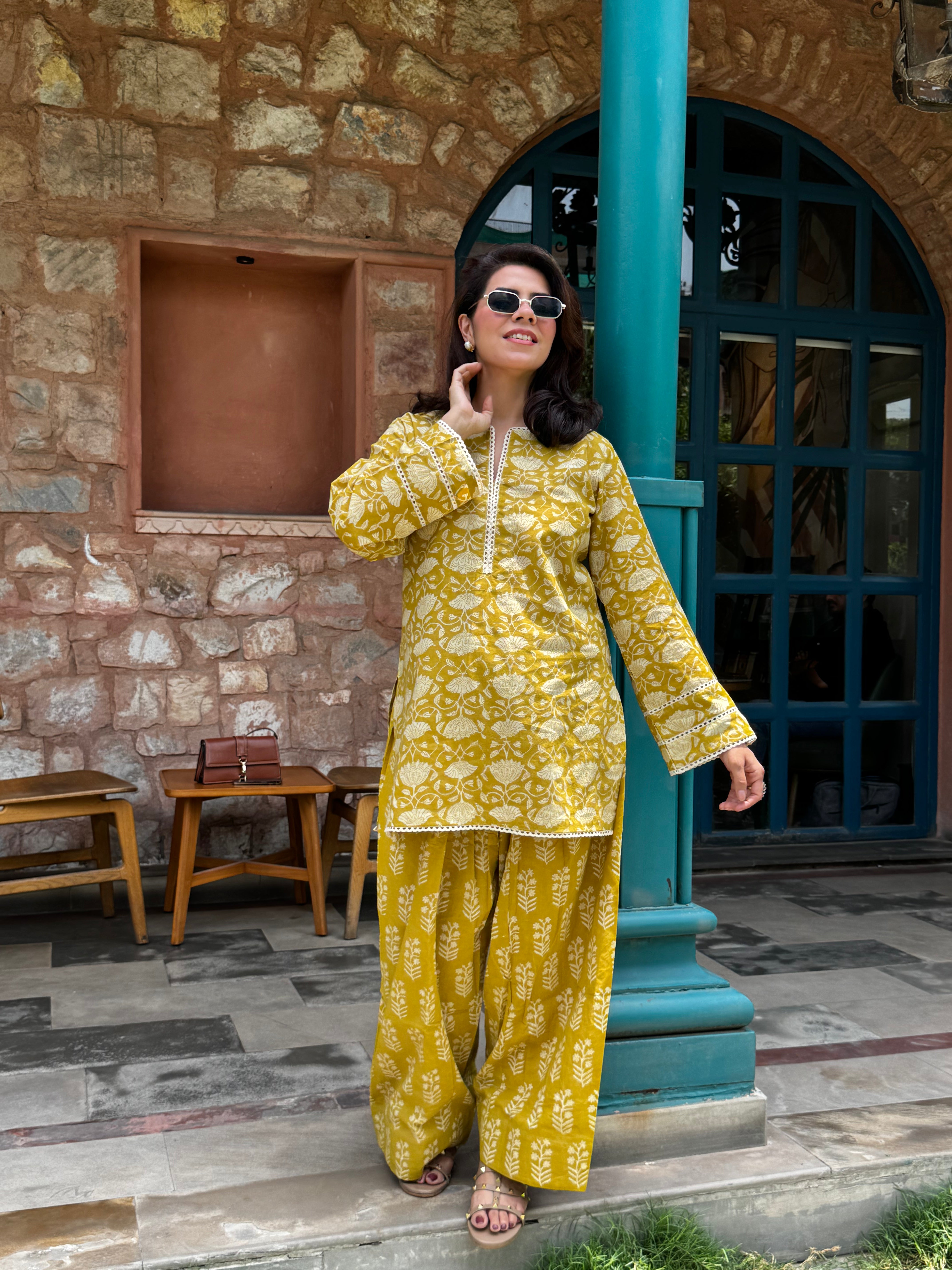 (Pre-Order) Mustard Pure Cotton Hand Block Printed Farshi Kurta Set