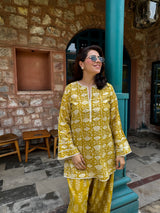 (Pre-Order) Mustard Pure Cotton Hand Block Printed Farshi Kurta Set