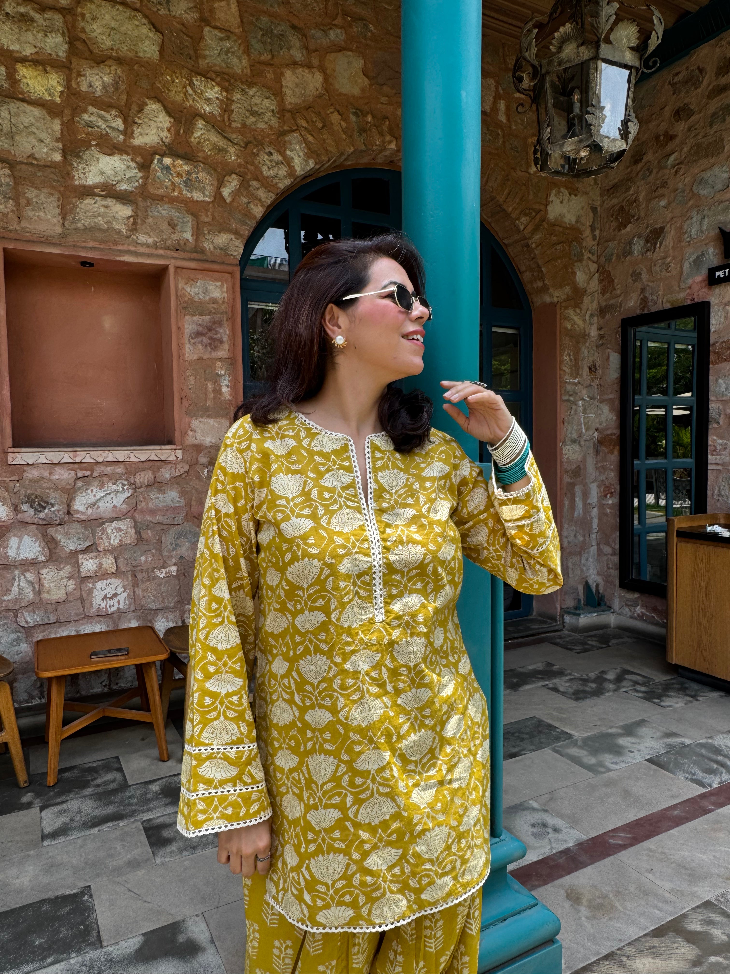 (Pre-Order) Mustard Pure Cotton Hand Block Printed Farshi Kurta Set